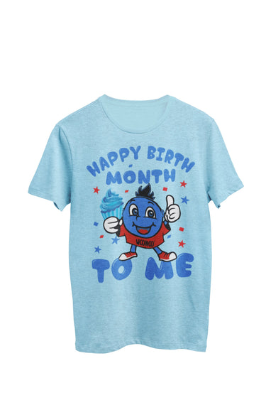 WooHooBerry celebrating 'Happy Birth Month to Me,' accompanied by the delightful Woohooberry holding a cupcake. The light blue T-shirt adds to the festive and joyful mood of the occasion.